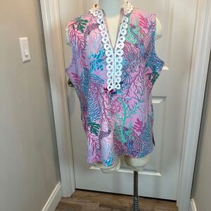 Cappagallo XL Sleeveless Tunic Top Pink Coral Seahorse Coral‎ Reef Print